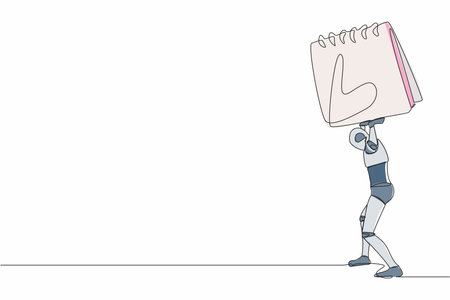 Single one line drawing tired robot carrying heavy calendar on his back. Cyborg with work problem and deadline. Humanoid robot cybernetic organism. Continuous line graphic design vector illustrationのイラスト素材