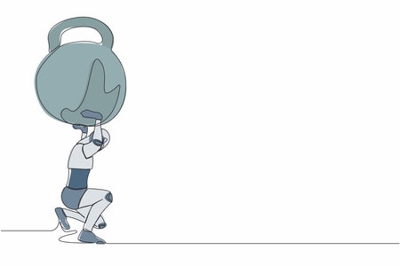 Single continuous line drawing tired robot carrying heavy kettlebell on his back. Financial crisis and credit payment. Technology artificial intelligence. One line graphic design vector illustrationのイラスト素材