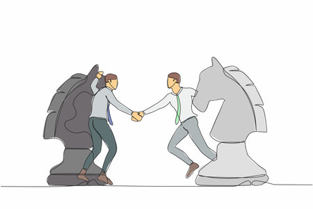 Continuous one line drawing businessman competitors standing on horse chess piece, handshaking after finish agreement. Negotiation strategy, win-win situation. Single line design vector illustrationのイラスト素材