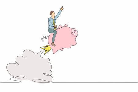 Continuous one line drawing businessman riding piggy bank rocket flying in the sky. Saving money concept, financial planning from economic crisis. Single line draw design vector graphic illustrationのイラスト素材