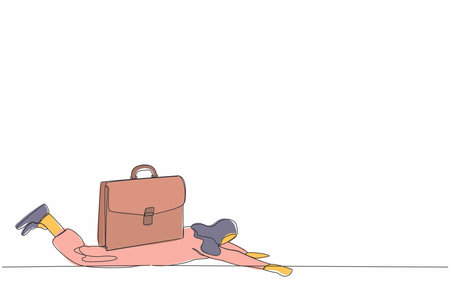 Single continuous line drawing Arabian businesswoman under heavy briefcase burden. Difficulty business task. Pressure workload. Anxiety from work and overload. One line draw design vector illustrationのイラスト素材