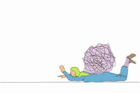 Continuous one line drawing Arabian businesswoman under heavy messy line burden. Stress burden, anxiety from work difficulty, overload, economic crisis problem. Single line design vector illustrationのイラスト素材