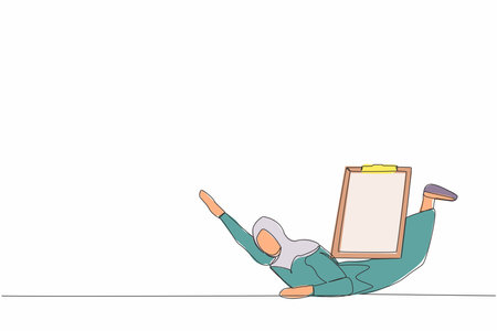 Single one line drawing Arabian businesswoman under heavy clipboard burden. Busy work with checklist document, overworked from overload tasks. Continuous line draw design graphic vector illustrationのイラスト素材