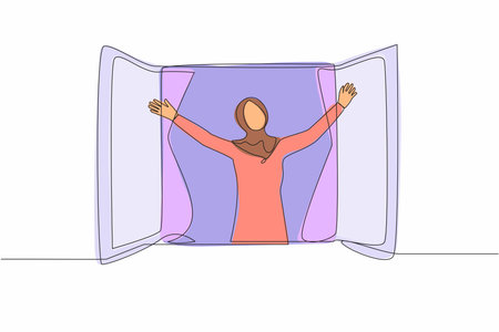 Single continuous line drawing happy Arab woman doing stretching and look out of window. Welcome new day and breathe fresh air. Enjoy sunny weekend at home. One line graphic design vector illustrationのイラスト素材