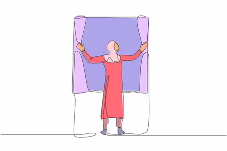 Continuous one line drawing back view of young Arabian woman standing and opening window curtains. Concept of person wake up in morning to get fresh air. Single line design vector graphic illustrationのイラスト素材