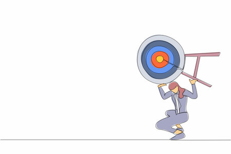Single one line drawing frustrated businesswoman carrying dart target on her back. Hard work achieve business mission. Exhausted work to achieve goals. Continuous line draw design vector illustrationのイラスト素材
