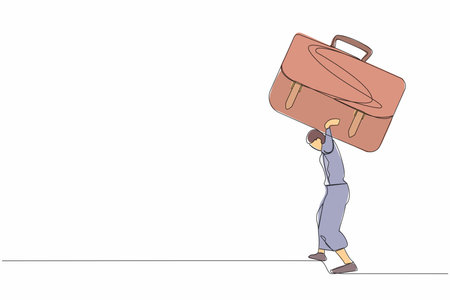 Continuous one line drawing of frustrated businesswoman carrying heavy briefcase on her back. Over work load. Pressure from too much responsibility. Single line draw design vector graphic illustrationのイラスト素材
