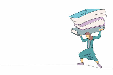 Single continuous line drawing frustrated businesswoman carrying pile of paper folder on her back. Tired worker with amount of work. Worker swamped with paperwork. One line design vector illustrationのイラスト素材