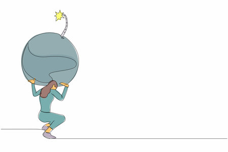 Continuous one line drawing frustrated businesswoman carrying bomb on her back. Stressed office employee due to debt explosion. Financial crisis problem. Single line design vector graphic illustrationのイラスト素材