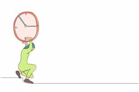 Single continuous line drawing Arab businesswoman carrying heavy clock on her back. Stressed complete work within deadline and timeline. Work under pressure. One line draw design vector illustrationのイラスト素材