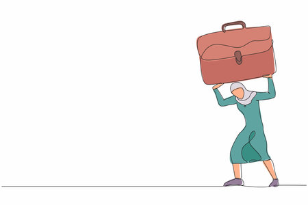 Continuous one line drawing Arab businesswoman carrying heavy briefcase on her back. Anxiety and overload work. Pressured female worker with responsibility. Single line draw design vector illustrationのイラスト素材