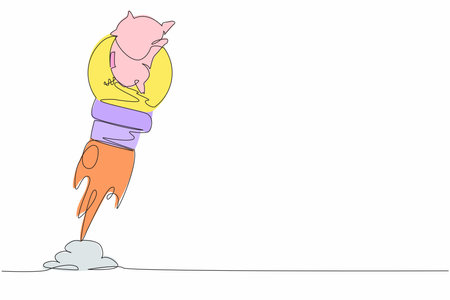Continuous one line drawing piggy bank launching with light bulb. Boost financial earning or income, get rich fast, high growth investment, business opportunity. Single line design vector illustrationのイラスト素材