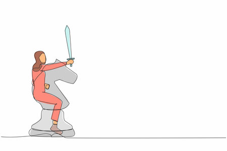 Continuous one line drawing brave Arab businesswoman riding big horse chess piece with sword. Business challenge for winning competition, achievement goal. Single line draw design vector illustrationのイラスト素材