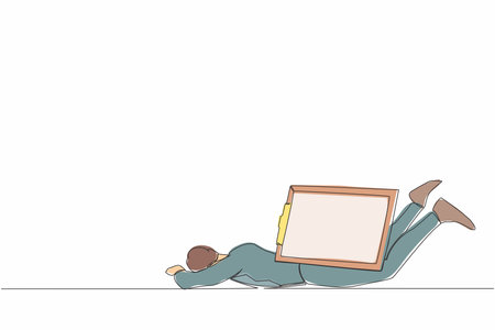 Continuous one line drawing depressed businessman under heavy clipboard burden. Busy work with checklist document, overworked from overload tasks. Single line draw design vector graphic illustrationのイラスト素材