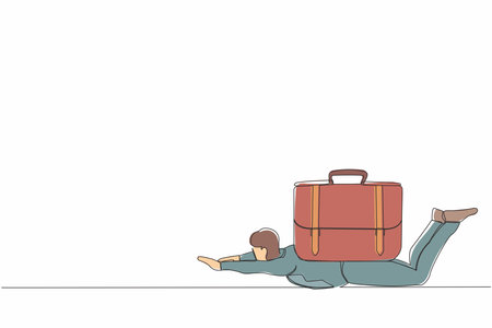 Single continuous line of drawing depressed businessman under heavy briefcase burden. Anxiety from work and overload. Pressure from too much responsibility. One line graphic design vector illustrationのイラスト素材