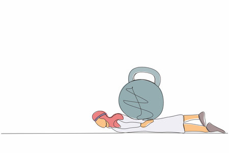 Single continuous line drawing Arab businessman under heavy kettlebell burden. Financial crisis and credit payment. Business, mental stress, bankruptcy, debt. One line draw design vector illustrationのイラスト素材