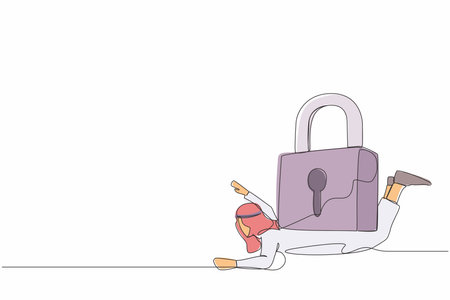 Single one line drawing Arab businessman under heavy lock pad burden. Business closing down or bankruptcy in Covid-19 pandemic lockdown crisis. Continuous line draw design graphic vector illustrationのイラスト素材