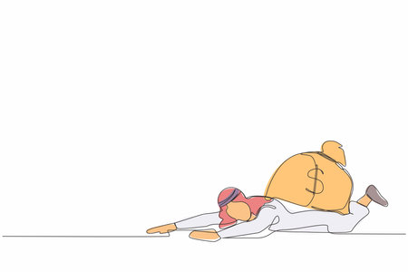 Single one line drawing Arabian businessman under heavy money bag burden. Finance crisis money fall down. Economic crash due to pandemic. Modern continuous line draw design graphic vector illustrationのイラスト素材