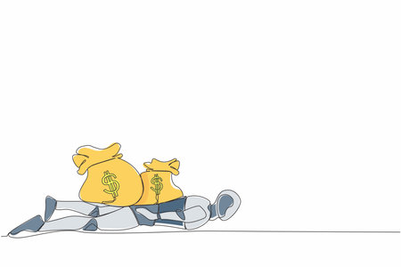 Single continuous line drawing stressed robot under heavy money bag burden. Finance crisis money fall down. Economic crash due to pandemic. Future technology. One line draw design vector illustrationのイラスト素材