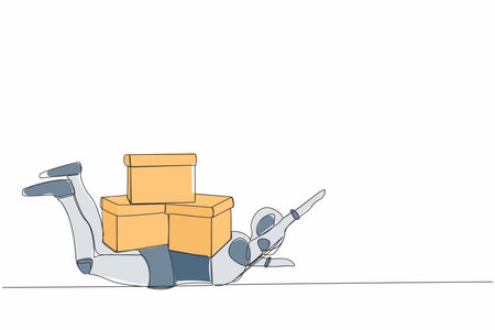 Continuous one line drawing stressed robot under heavy pile of box burden. Overworked robot with stack of cardboard. Humanoid robot cybernetic organism. Single line design vector graphic illustrationのイラスト素材