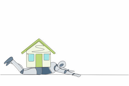 Continuous one line drawing stressed robot under heavy house burden. Financial mortgage problem, taxes expenses. Humanoid robot cybernetic organism. Single line draw design vector graphic illustrationのイラスト素材