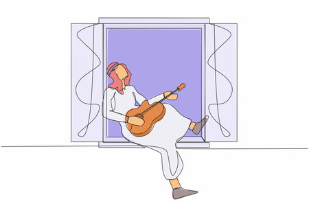 Single continuous line drawing young Arabian man sitting on windowsill playing guitar and sing song. Stay at home, human life, relaxation, comfort, romantic. One line draw design vector illustrationのイラスト素材