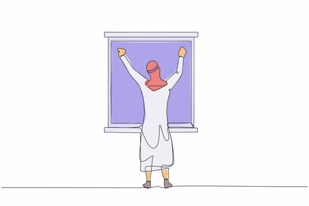 Single continuous line drawing back view relaxed Arabian man stretching arms in window after good night sleep. Good morning concept. Male standing at window. One line draw design vector illustrationのイラスト素材