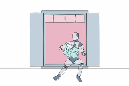 Continuous one line drawing of relaxed robot sitting on windowsill and reads newspaper. Cozy balcony. Humanoid robot cybernetic organism. Future robotic. Single line design vector graphic illustrationのイラスト素材