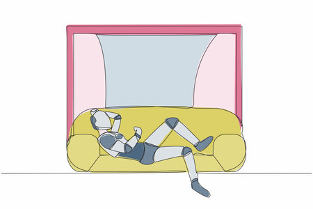 Single one line drawing robot lying on sofa near windowsill at home. Spending time, relaxing after work. Modern robotic artificial intelligence. Continuous line draw design graphic vector illustrationのイラスト素材