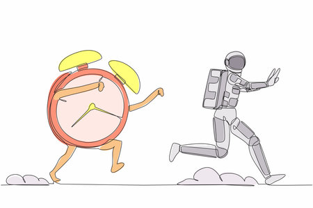 Continuous one line drawing astronaut being chased by alarm clock. Hurry in expedition deadline project. Running out of working time. Cosmonaut outer space. Single line draw design vector illustrationのイラスト素材