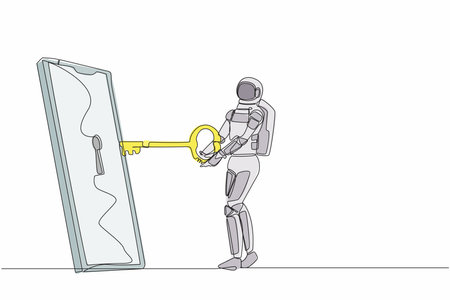 Continuous one line drawing young astronaut put key into smartphone. Data privacy for space company from hacker. Password security. Cosmonaut outer space. Single line draw design vector illustrationのイラスト素材