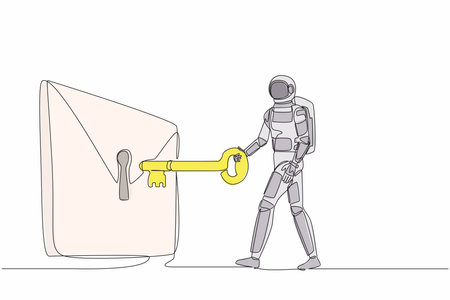 Single continuous line drawing astronaut putting big key into mail. Digital message protection or email security system in spaceship company. Cosmonaut deep space. One line design vector illustrationのイラスト素材