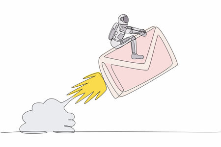 Single continuous line drawing astronaut riding paper envelope rocket flying in moon surface. Launching inter-galaxy digital messaging. Cosmonaut deep space. One line draw design vector illustrationのイラスト素材