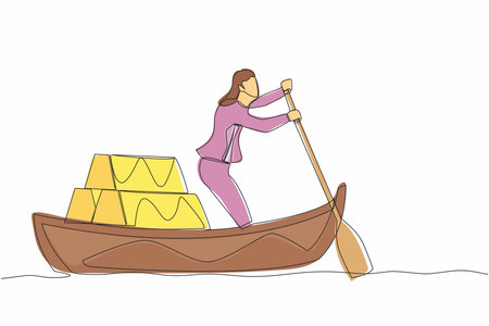 Continuous one line drawing businesswoman sailing away on boat with stack of golden bullion. Gold investment concept. Office worker planning future finance. Single line draw design vector illustrationのイラスト素材