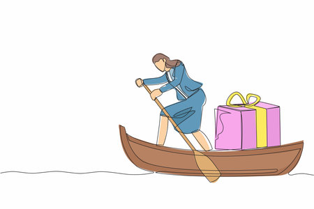 Single continuous line drawing businesswoman sailing away on boat with gift box. Year-end prizes for outstanding employees. Appreciation from company. One line draw graphic design vector illustrationのイラスト素材