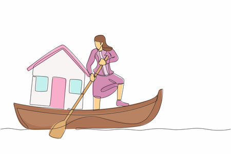 Continuous one line drawing businesswoman sailing away on boat with house. Home mortgage problem in economic crisis. Housing loan disaster concept. Single line draw design vector graphic illustrationのイラスト素材