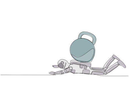 Single one line drawing young astronaut under heavy kettlebell burden. Financial crisis in space company. Technology development. Cosmic galaxy space. Continuous line draw design vector illustrationのイラスト素材