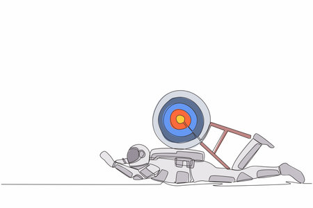 Single continuous line drawing of young astronaut under heavy target burden. Exhausted to achieve spaceship business competition. Cosmonaut deep space. One line draw design vector graphic illustrationのイラスト素材
