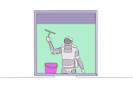 Single one line drawing young astronaut cleaning windows with bucket, glass cleaner tools in moon surface. Cosmic galaxy space concept. Modern continuous line draw design graphic vector illustrationのイラスト素材