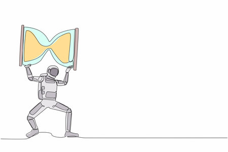 Single one line drawing young astronaut carrying heavy hourglass on his back. Spaceman with exploration deadline operation. Cosmic galaxy space. Continuous line draw design graphic vector illustrationのイラスト素材