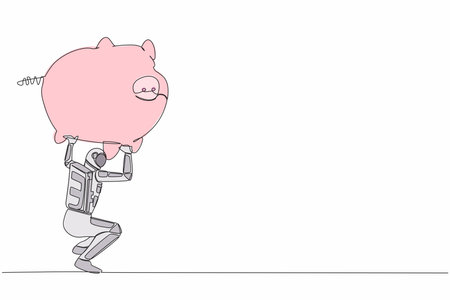 Single continuous line drawing astronaut carrying heavy piggy bank on his back. Broke and financial problems in space industry. Cosmonaut deep space. One line draw design vector graphic illustrationのイラスト素材