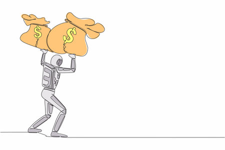 Continuous one line drawing young astronaut carrying heavy money bag on his back. Finance crisis in space company due to pandemic. Cosmonaut outer space. Single line graphic design vector illustrationのイラスト素材