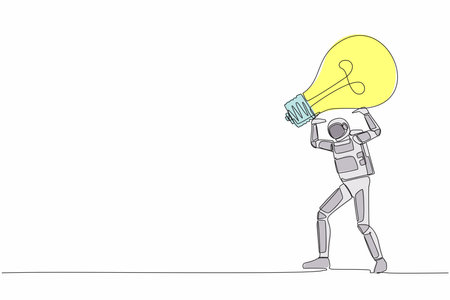 Continuous one line drawing of young astronaut carrying heavy light bulb on his back. Losing idea or vision in spaceship company. Cosmonaut outer space. Single line graphic design vector illustrationのイラスト素材