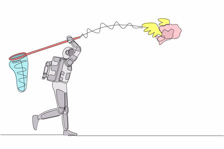 Single one line drawing astronaut try to catch flying brain with butterfly net. Genius idea from spaceman for spaceship expedition. Cosmic galaxy space. Continuous line draw design vector illustrationのイラスト素材