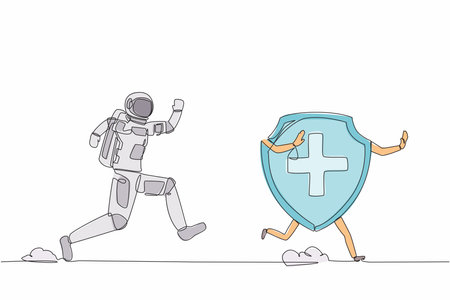 Single one line drawing young astronaut run chasing shield in moon surface. Security for spaceship industry protection. Cosmic galaxy space concept. Continuous line graphic design vector illustrationのイラスト素材