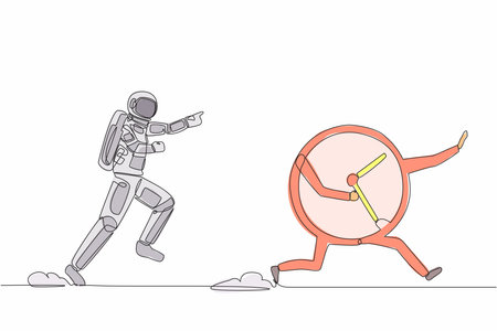 Single continuous line drawing of young astronaut run chase clock time in moon surface. Time management in space exploration. Cosmonaut deep space concept. One line design vector graphic illustrationのイラスト素材