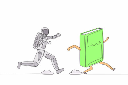 Single one line drawing of young astronaut run chasing textbook for learning in moon surface. Science to explore space. Cosmic galaxy space concept. Continuous line graphic design vector illustrationのイラスト素材