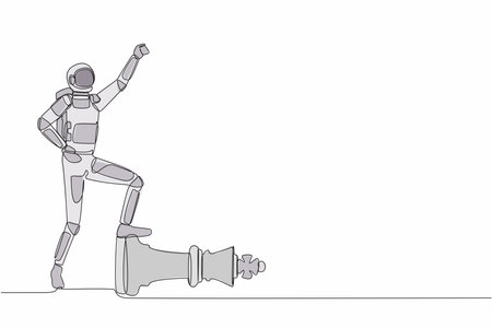 Continuous one line drawing astronaut clench fist up and step on chess king piece in moon surface. Spaceship pilot victory symbol. Cosmonaut outer space. Single line graphic design vector illustrationのイラスト素材