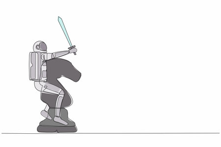 Single continuous line drawing young astronaut riding big chess horse piece with sword. Spaceman battle in the intergalactic war. Cosmonaut deep space. One line draw graphic design vector illustrationのイラスト素材