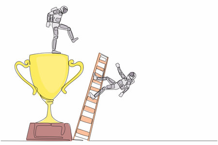 Single one line drawing of young astronaut kicking to make his rival falling down from the top ladder trophy of success in moon surface. Cosmic galaxy space. Continuous line design vector illustrationのイラスト素材